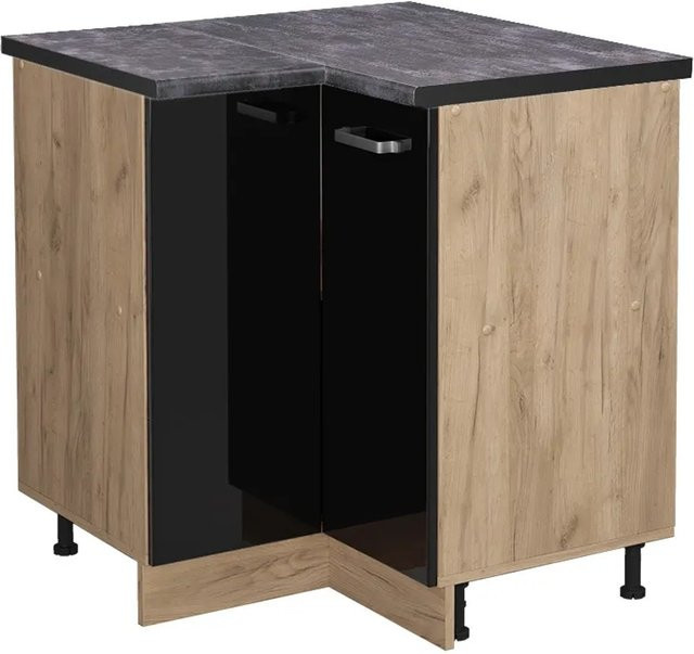 Vicco R-Line Eckunterschrank für die Küche in Schwarz Hochglanz und Goldkraft Eiche mit Anthrazit, B/T/H: 75,6 x 60,0 x 81,6 cm - Bild 1