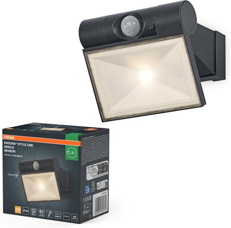 Endura Style USB Up-Down LED Wandstrahler in Dunkelgrau mit PIR-Bewegungssensor, 1,6 W, 120 lm, 3.000 K Warmweiß, IP44 wetterfest und USB-C Ladefunktion