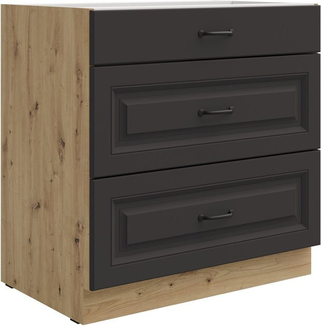 Küchen Unterschrank Stilo Grau und Eiche Artisan mit Vollauszug und Soft-Close, Breite: 80 cm - Bild 1