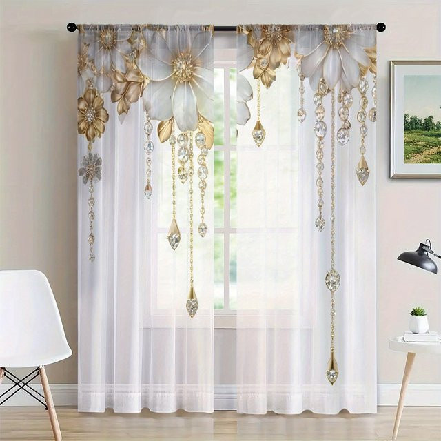 2 Stück elegante transparente Vorhänge mit floralem Blumenmuster in Gold und Weiß mit Stangentaschen, Breite: 116 cm, Höhe: 53 cm - Bild 1