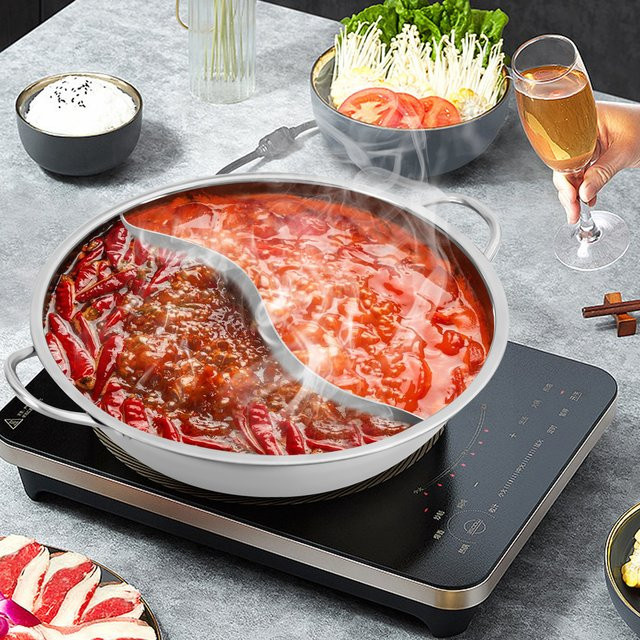 Bymaocar Hot Pot mit Trennwand aus 304 Edelstahl und Glasdeckel in Silber, Kochtopf-Set für Induktion, Gas und Backofen - Bild 1