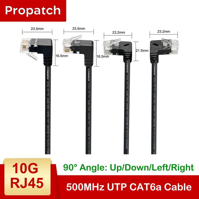 Propatch Slim Cat6a UTP Ethernet-Patchkabel mit 90 Grad Winkel, RJ45, 10Gbps, Schwarz - Bild 1