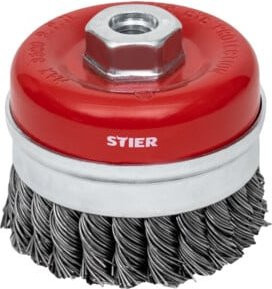 STIER Topfbürste aus Stahl, Ø 80 mm, M14, 0,8 mm, gezopft, Farbe: Silber/Rot - Bild 1