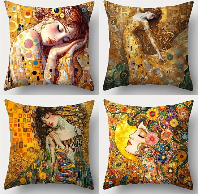 VIKAMA Klimt Kissen-Set im Art Nouveau Stil, mehrfarbig, quadratisch, B/T/H: 40 x 40 x 4 cm - Bild 1