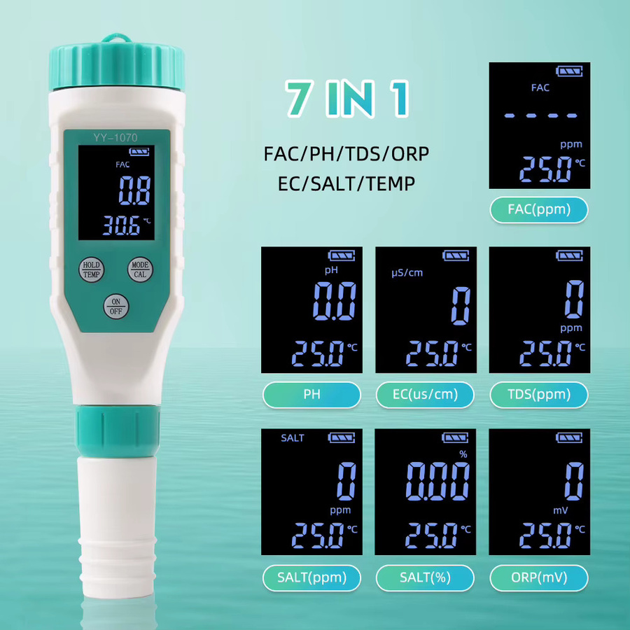 YAGO Digitales Poolwassertester ORP-Messgerät für Chlor, PH, Salzgehalt, TDS, EC und Temperatur in Weiß, Modell YY-1070 - Bild 3