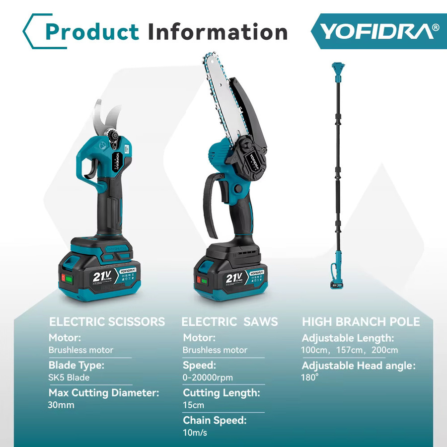 YOFIDRA 3-in-1 Bürstenlose Elektrische Teleskopstange mit Kettensäge und Gartenschere in Blau für Makita 21V und 18V Akku - Bild 2