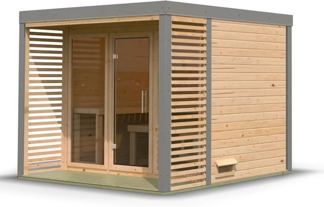 Karibu Saunahaus Seros Log Cabin aus Fichte und Espe, 3 Zoll, Naturbelassen/Graualuminium - Bild 1