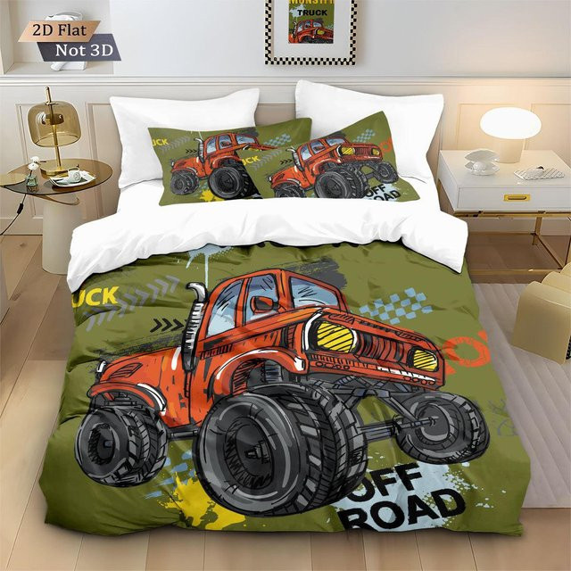 Flylo M-Monster Truck Bettwäscheset mit 3D-Druck für Kinder, Bettbezug und Kissenbezug in Grün, B/H: 140 x 210 cm, Kissenbezug: 50 x 70 cm - Bild 1
