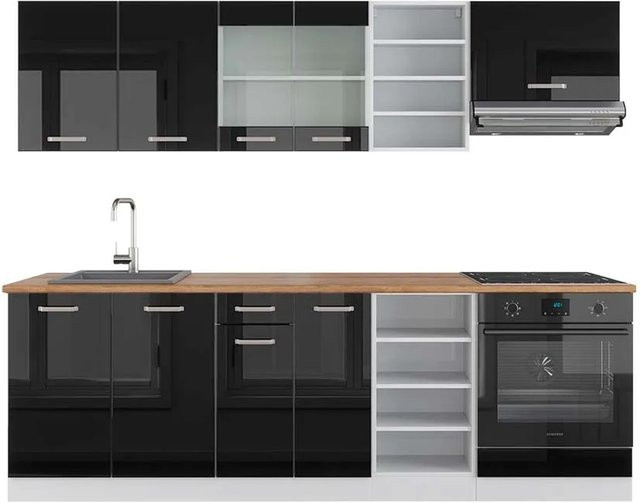 Vicco R-Line Küchenzeile Schwarz Hochglanz und Weiß Eiche modern B: 240 cm, T: 60 cm, H: 81,6 cm - Bild 1