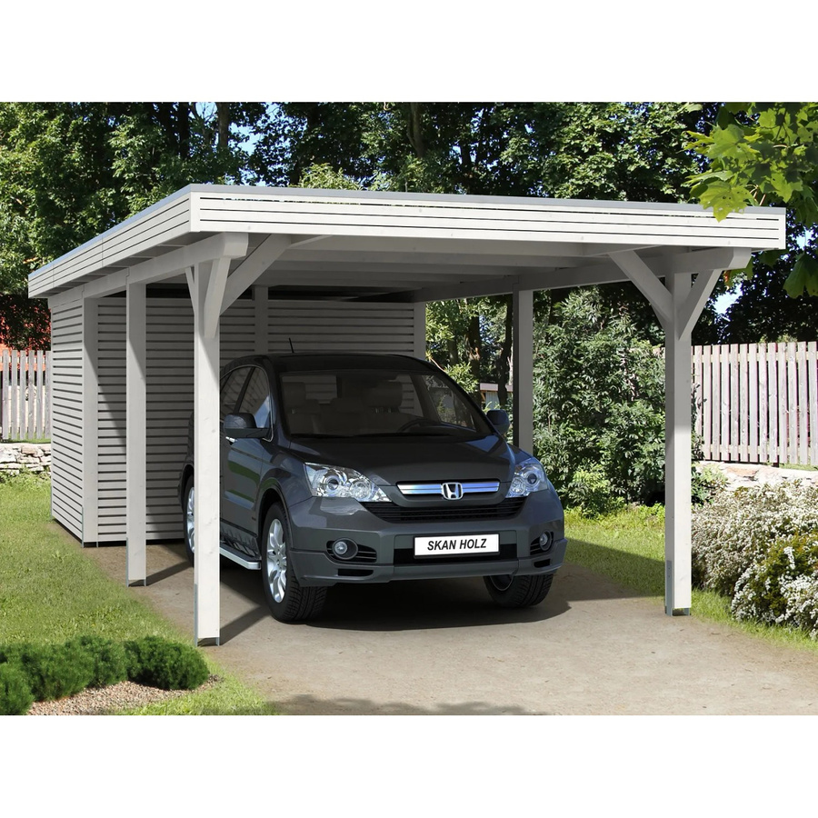 Skan Holz Carport Spessart aus Fichte mit Abstellraum und Aluminium-Dachplatten, Farbe: Weiß, B/T: 355 x 846 cm, Höhe: 243 cm - Bild 2