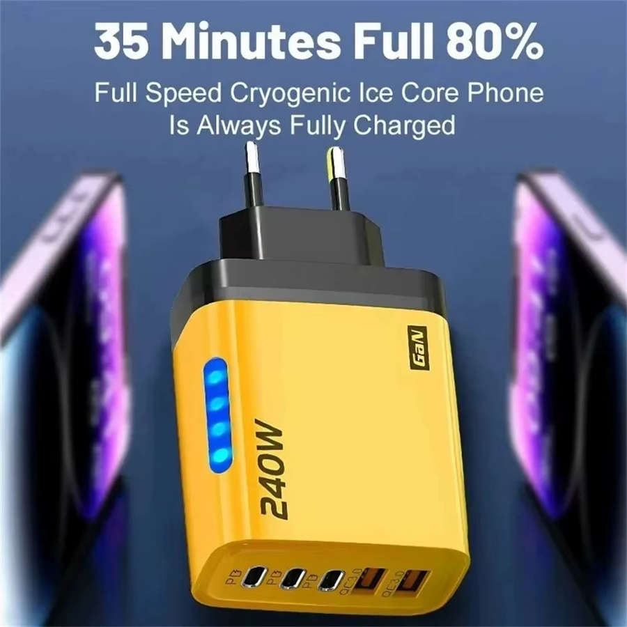 USB PD Schnellladegerät mit 5 Ports und 240 W Leistung, Typ C USB Schnellladeadapter in Gelb für iPhone 16, Samsung, Xiaomi und Huawei - Bild 5