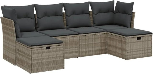vidaXL 6-teilige Garten-Sofagarnitur in L-Form aus Poly-Rattan mit Kissen in Hellgrau - Bild 1