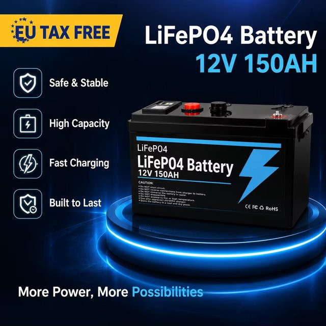 12V 150Ah LiFePO4 Lithium-Ionen-Akku in Schwarz für Solar- und Windenergiesysteme, Camping und USV-Notstromversorgung - Bild 1