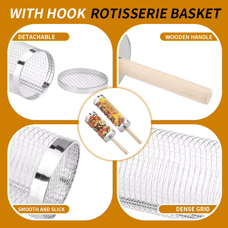 Rollbare Grillkörbe für den Outdoor-Grill mit abnehmbarem Holzgriff in Silber - Bild 4