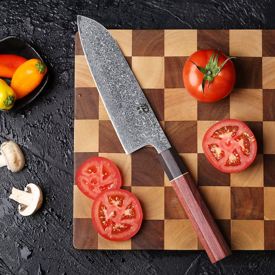 MOSTODOZO Santoku-Messer aus 67-Lagen Damaszener Stahl, 7 Zoll, Silber mit Holzgriff - Bild 2