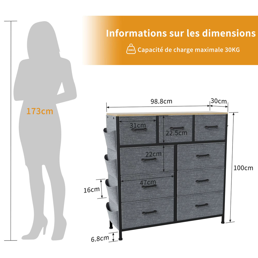 FEEOHOME Kommode mit 9 Schubladen in Grau für Wohnzimmer, Schlafzimmer und Flur, B/T/H: 99 x 30 x 100 cm - Bild 2