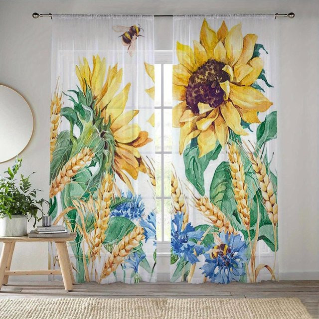 Yiran Furniture Halbtransparente Fenstergardine mit Sonnenblumenmuster in Multicolour, Vintage-Stil mit Ösen, Breite: 100 cm, Höhe: 130 cm - Bild 1