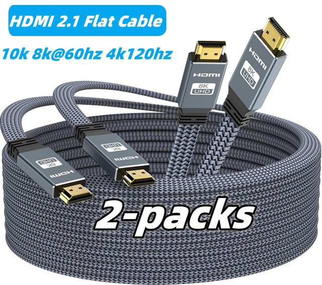 MIZIQIER 2er-Pack HDMI 2.1 Flachkabel in Grau, 8K60, 4K144 Hz, 48 Gbit/s High Speed, geflochten, kompatibel mit PS5 und Roku TV - Bild 1