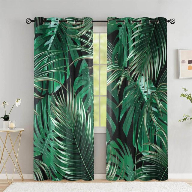 A Family Of Home Textiles Sommer-Vorhänge mit tropischem Palmblatt- und Bananenblatt-Design, semi-transparent, grün, B: 135 cm, H: 185 cm - Bild 1