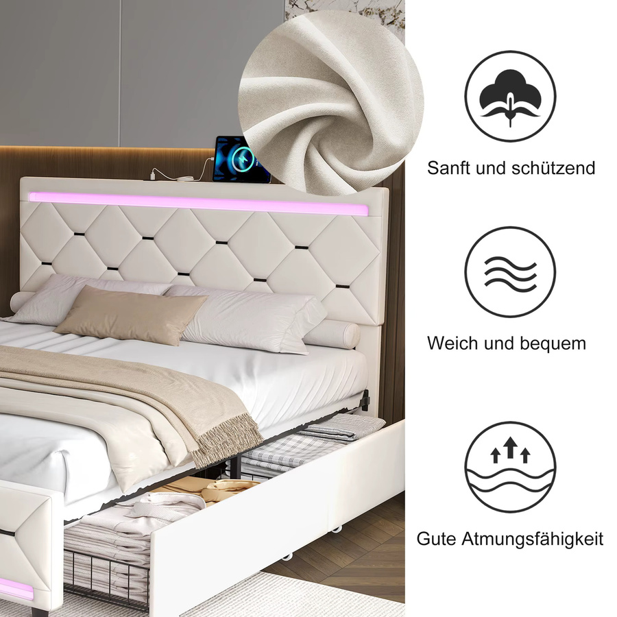 fangange Bettgestell mit Samtbezug in Beige mit vier Aufbewahrungsschubladen, LED-Farbwechselbeleuchtung und USB-Ladeanschlüssen, robustes Metall-Holzlattenrost-Bett, 160 x 200 cm - Bild 5