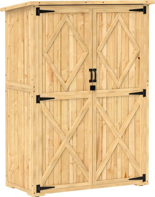 Outsunny Gartenschrank aus Holz in Braun mit Asphalt-Dach und abschließbarer Doppeltür, wetterfester Geräteschuppen mit Regalböden für Garten und Terrasse, B/T/H: 116,5 x 57 x 167 cm - Bild 1