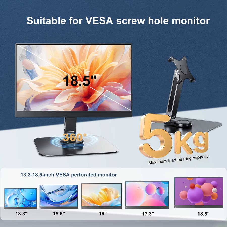 Verstellbarer Monitorständer aus Aluminiumlegierung in Schwarz mit 360-Grad-Drehung, VESA 75 x 75 mm und M4-Schraubensockel, belastbar bis 5 kg - Bild 2