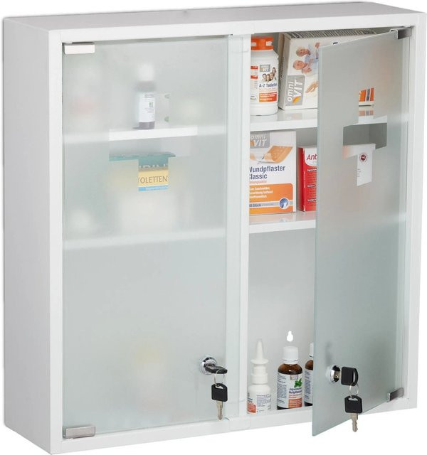 Relaxdays Medizinschrank aus Stahl und Glas in Weiß mit Doppeltür, abschließbar und Wandmontage, B/H/T: 53 x 52,5 x 15,5 cm - Bild 1