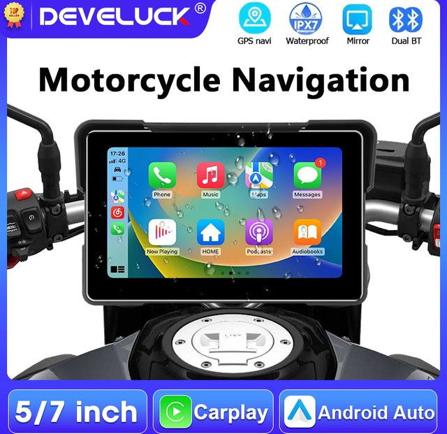 Develuck Motorrad-GPS-Navigationssystem mit Carplay und Android Auto, 5/7 Zoll Touchscreen, Dual-Bluetooth, IPX7 Wasserdicht, Schwarz - Bild 1