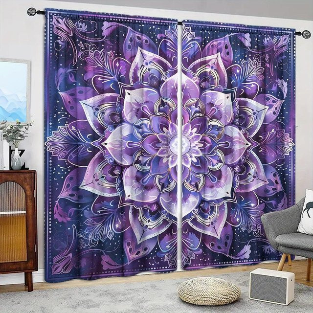 2er-Set halbtransparente Vorhänge mit Mandala-Aufdruck in Blau und Grau aus Polyester, Breite: 52,5 cm, Höhe: 116 cm - Bild 1