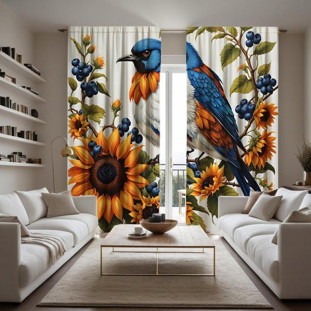 2er Set Dekovorhang mit Blaubeerbaum, Sonnenblumen und Vögeln, Digital bedruckt, Gelb/Mehrfarbig, B: 132 cm, H: 213 cm - Bild 1