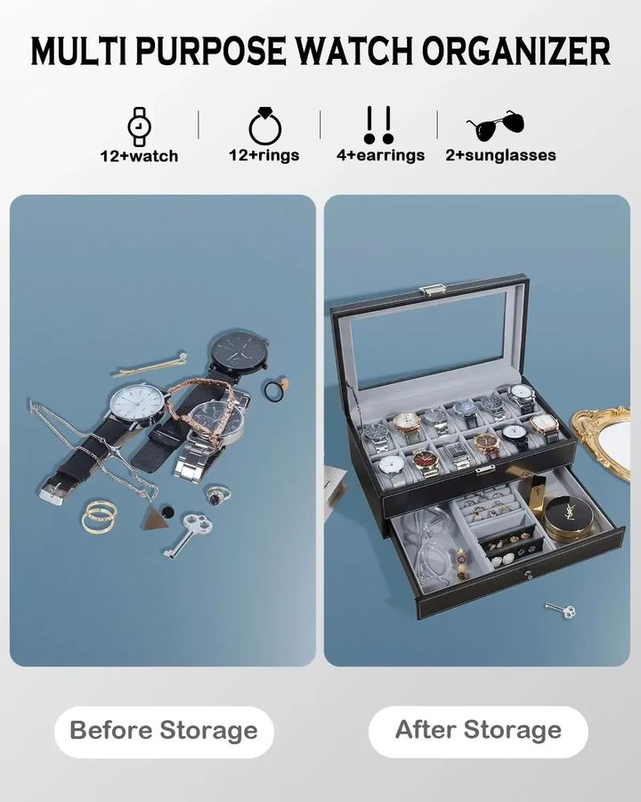 OAKCHARM Uhren-Aufbewahrungsbox aus Leder mit 12 Fächern und 2 Ebenen, abschließbares Schmuck-Display-Etui für Herren und Damen in Schwarz Beige - Bild 3