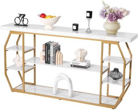 VEVOR Konsolentisch aus Marmor in Gold, moderner 3-stufiger Flurtisch mit Eisenrohren, B/T/H: 180 x 35 x 91 cm - Bild 1