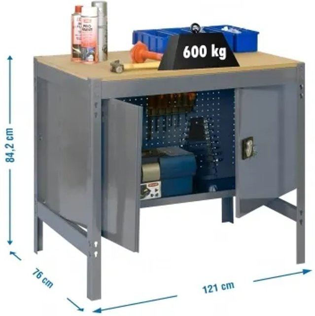 PROREGAL Werkbank Buffalo mit Schrank in Grau mit einer Traglast von 600 kg, H x B x T: 84,2 x 120 x 76 cm - Bild 1