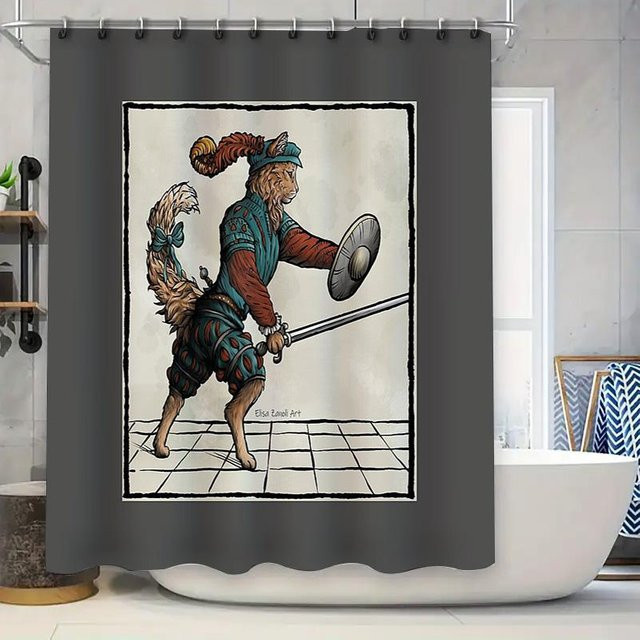 JMG Household Supplies Duschvorhang Katzenritter Fantasy Tierkrieger Vintage Wandteppich, Mehrfarbig, B: 150 cm, H: 180 cm - Bild 1