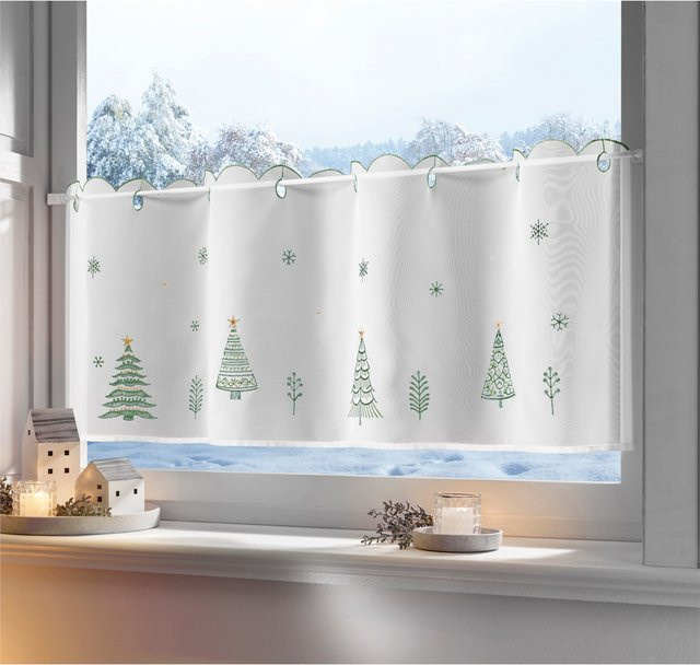 Kurzgardine Heine Home Weihnachtswald, Transparent Weiß Grün, Voile, 100% Polyester, Breite: 120 cm - Bild 1