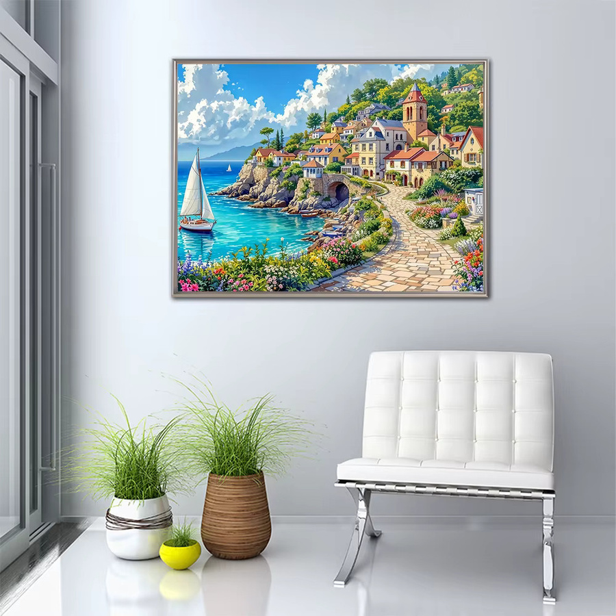 EverShine Diamant-Mosaik Meereshaus-Bild mit Strass-Stickerei als Landschaftsgemälde in Küsten-Wandkunst mit Vollquadrat-Druck, B/H: 30 x 20 cm - Bild 3