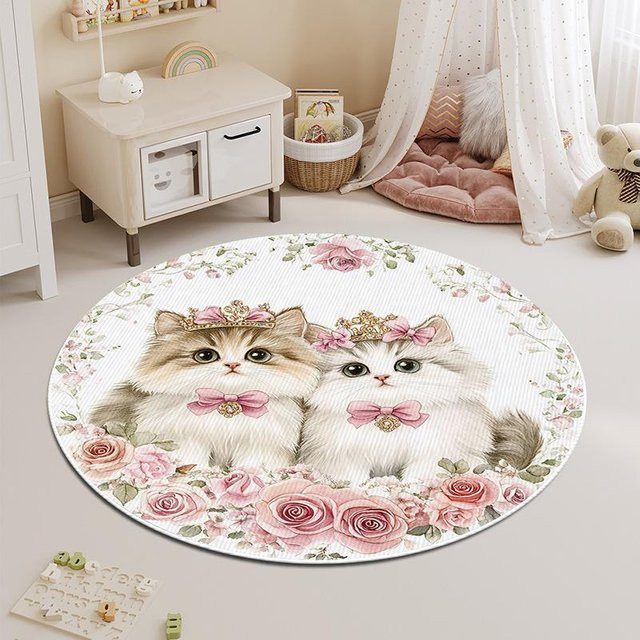 Runder Teppich mit Katzenmotiv für Kinderzimmer und Wohnzimmer, Waschbar und Rutschfest, Durchmesser: 180 cm, Mehrfarbig - Bild 1