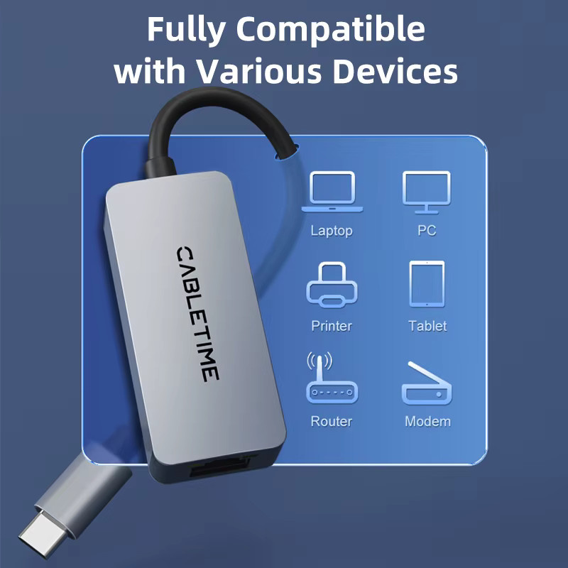 CABLETIME USB C Ethernet Adapter 2,5G 2500Mbps RJ45 LAN Netzwerkkarte mit USB-A und USB-C Anschluss in Grau - Bild 5