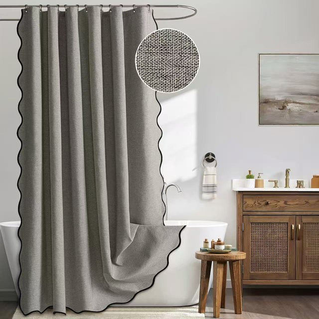 Wasserdichter Duschvorhang aus Kunstleinen mit Wellenkante in Grau, B/H: 180 x 200 cm - Bild 1