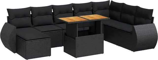 vidaXL 9-tlg. Garten-Sofagarnitur in L-Form aus schwarzem Poly-Rattan mit Kissen und pulverbeschichtetem Stahlgestell - Bild 1
