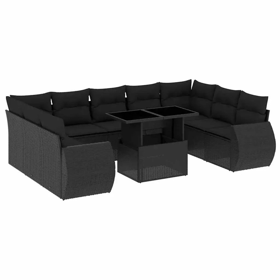 vidaXL 10-tlg. Garten-Sofagarnitur in L-Form aus Polyrattan mit Kissen in Schwarz - Bild 2