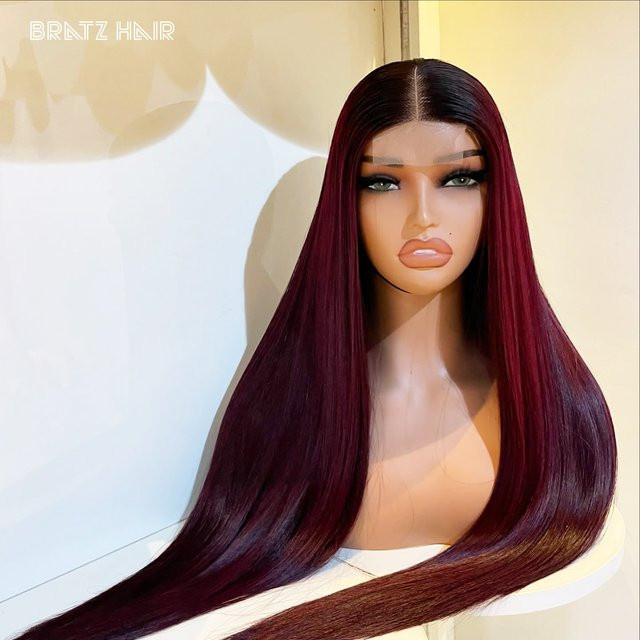 Bratz Hair Echthaar Perücke Ombre Burgunderrot, HD Transparente Lace Front, Damen - Bild 1