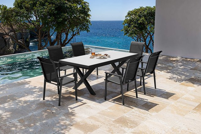 Kettler BasicPlus Pro Garten-Essgruppe aus Alu, Textilene und Steinimitat in Anthrazit und Schwarz, Tisch mit 6 Stapelstühlen, B/T: 260 x 100 cm oder 200 x 100 cm - Bild 1