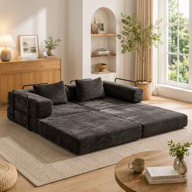 Vankel Modulares Chenille-Bodensofa in Schwarz, Umwandelbares 2-Sitzer Sofa mit Taschenfederkern und Memory-Schaum, Faltbares Lazy Floor Sofa für Wohnzimmer und Schlafzimmer - Bild 1