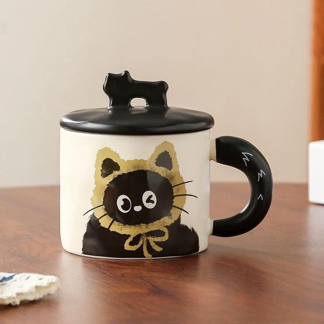 Keramiktasse mit Katzenmotiv von Yiran Furniture, weiße Kaffeetasse mit Deckel, 359 ml - Bild 1
