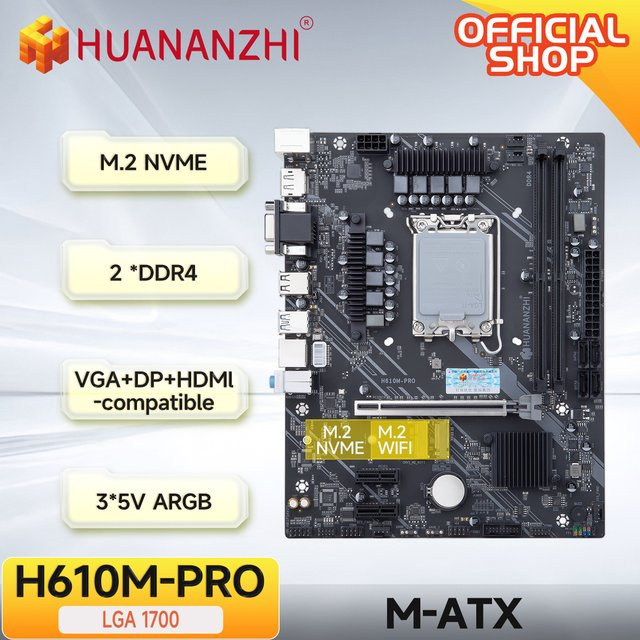 HUANANZHI H610M Pro M-ATX DDR4 Motherboard für Intel LGA 1700 CPUs der 12. und 13. Generation in Schwarz - Bild 1