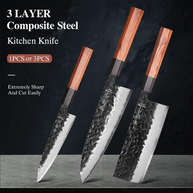 HUAYIGRAND Japanisches Küchenmesser Set aus 3-lagigem Verbundstahl, Nakiri und Utility Messer für Profis - Bild 1