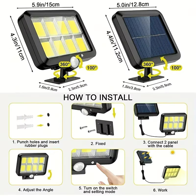 Leclstar 160COB Solar-Außenleuchte mit integriertem LED-Bewegungsmelder, wasserdichte Solar-LED-Wandleuchte für Garten und Hof in 3 Modi - Bild 6