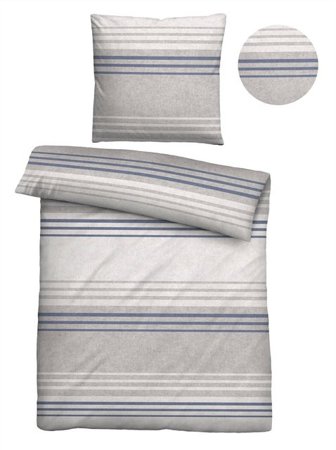 Biberna Bettwäsche aus Baumwolle in Flanell, gestreift, Blau-Grau, B/H: 155 x 220 cm mit 80 x 80 cm Kissenbezug - Bild 1
