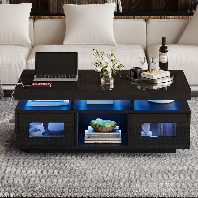 KOMHTOM Couchtisch in Schwarz mit Hochglanz-Finish, App-steuerbaren LED-Leuchten, Schrank, Ladeanschluss und Steckdose, B/T/H: 100 x 50 x 43 cm - Bild 1
